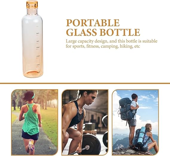 Portable glass bottle with text about its use in sports, fitness, camping, and hiking, alongside images of people exercising and outdoors.