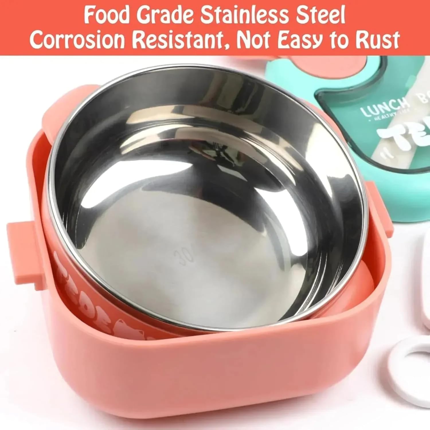 Lunch Box for Kids | Cute Tiffin Box for School | Stainless Steel Box with Leakproof Lid, Sauce Container & Spoon (Pink Round)