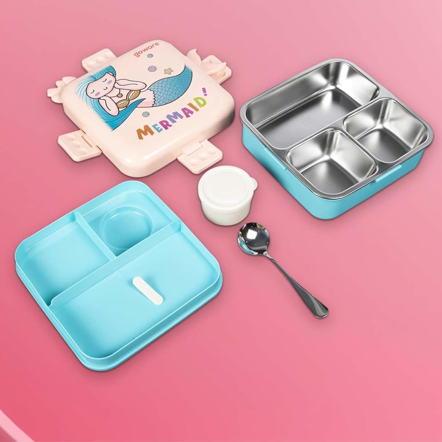 Mermaid Lunch Box for Kids Girls | Cute Tiffin Box for School Girls | 3 Compartment Stainless Steel Box with Leakproof Lid, Sauce Container & Spoon | Lunchbox for School & Picnic (Pink)
