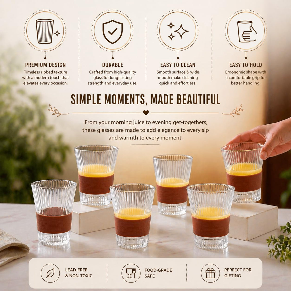 DailyAlley 6-Piece Glass Set - A premium set of six glasses with a stylish wooden grip, perfect for serving drinks with a touch of elegance.
