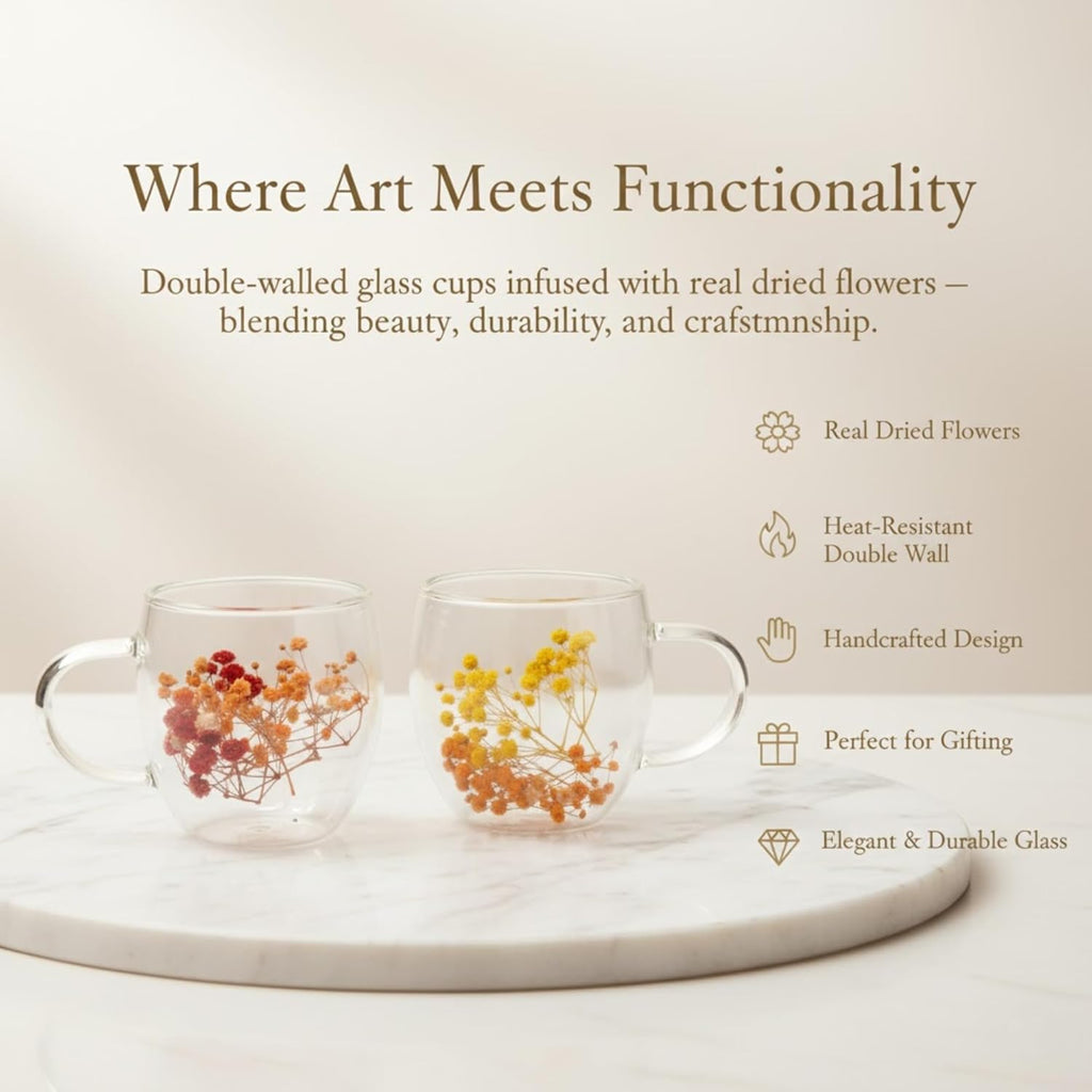 Dried Flower Double Wall Glass Coffee Mugs (Set of 3) | 350ml Borosilicate Insulated Cups w/ Handle | Floating Effect Tea Gift Dailyalley