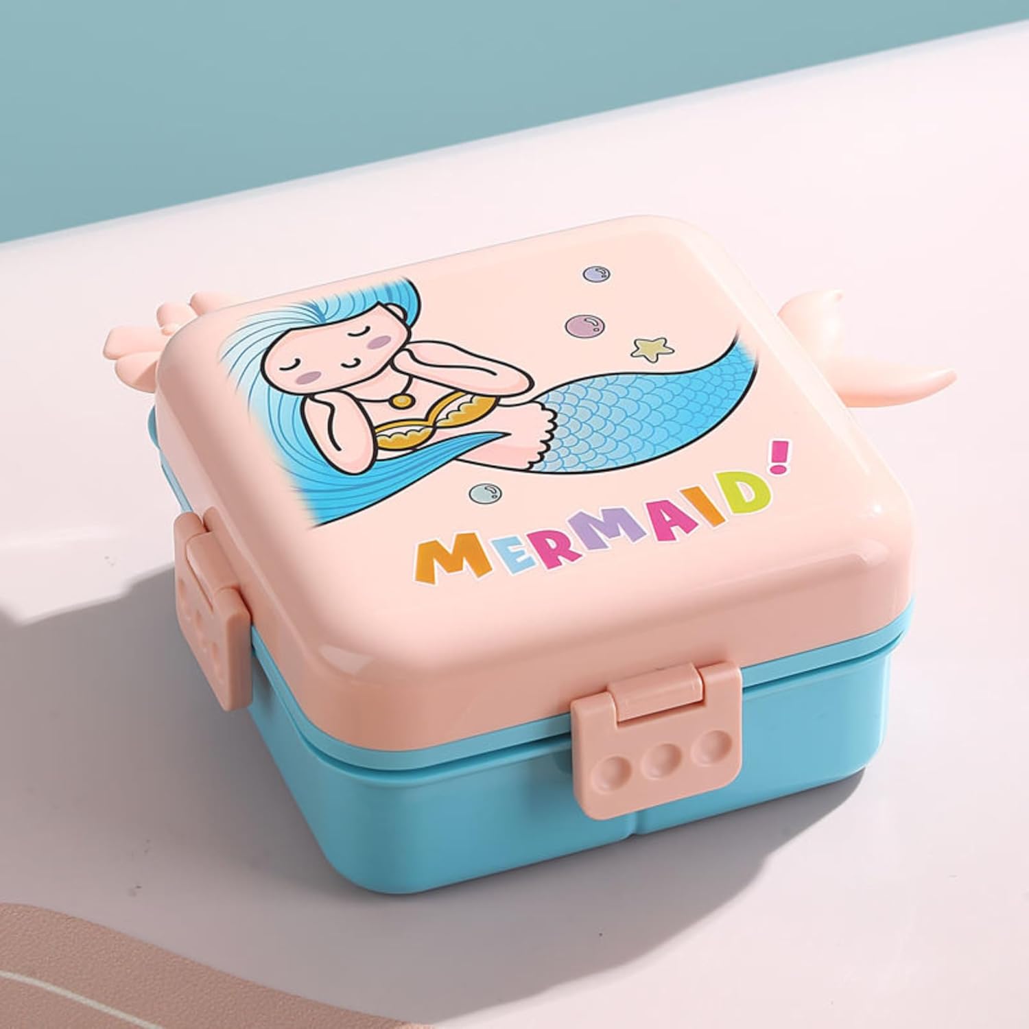 Mermaid Lunch Box for Kids Girls | Cute Tiffin Box for School Girls | 3 Compartment Stainless Steel Box with Leakproof Lid, Sauce Container & Spoon | Lunchbox for School & Picnic (Pink)