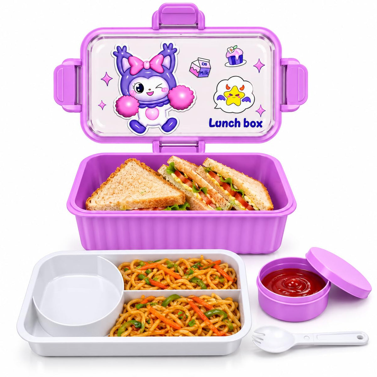 Kids Lunch Box for School, Cartoon Tiffin Box for Boys & Girls with Fork & Inner Food Container, Multi Compartment Lunch Box for School, Picnic & Daily Meals (Purple)