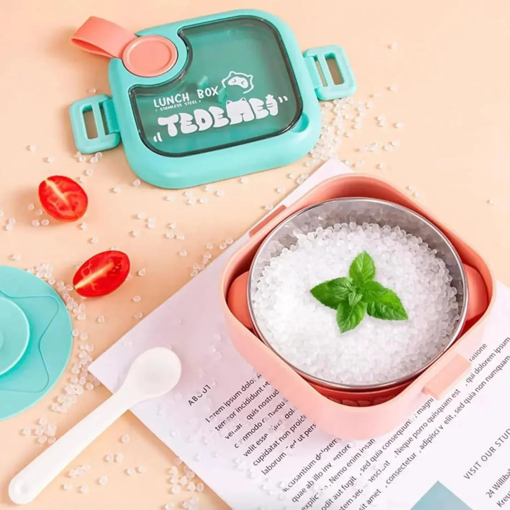 Lunch Box for Kids | Cute Tiffin Box for School | Stainless Steel Box with Leakproof Lid, Sauce Container & Spoon (Pink Round)
