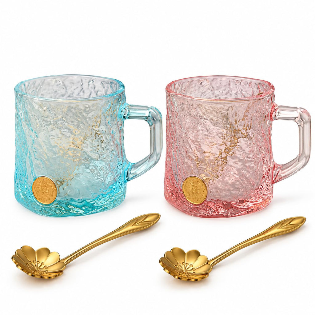 Luxe Glass Mug Set of 2 with Gold Spoons, 260 ml