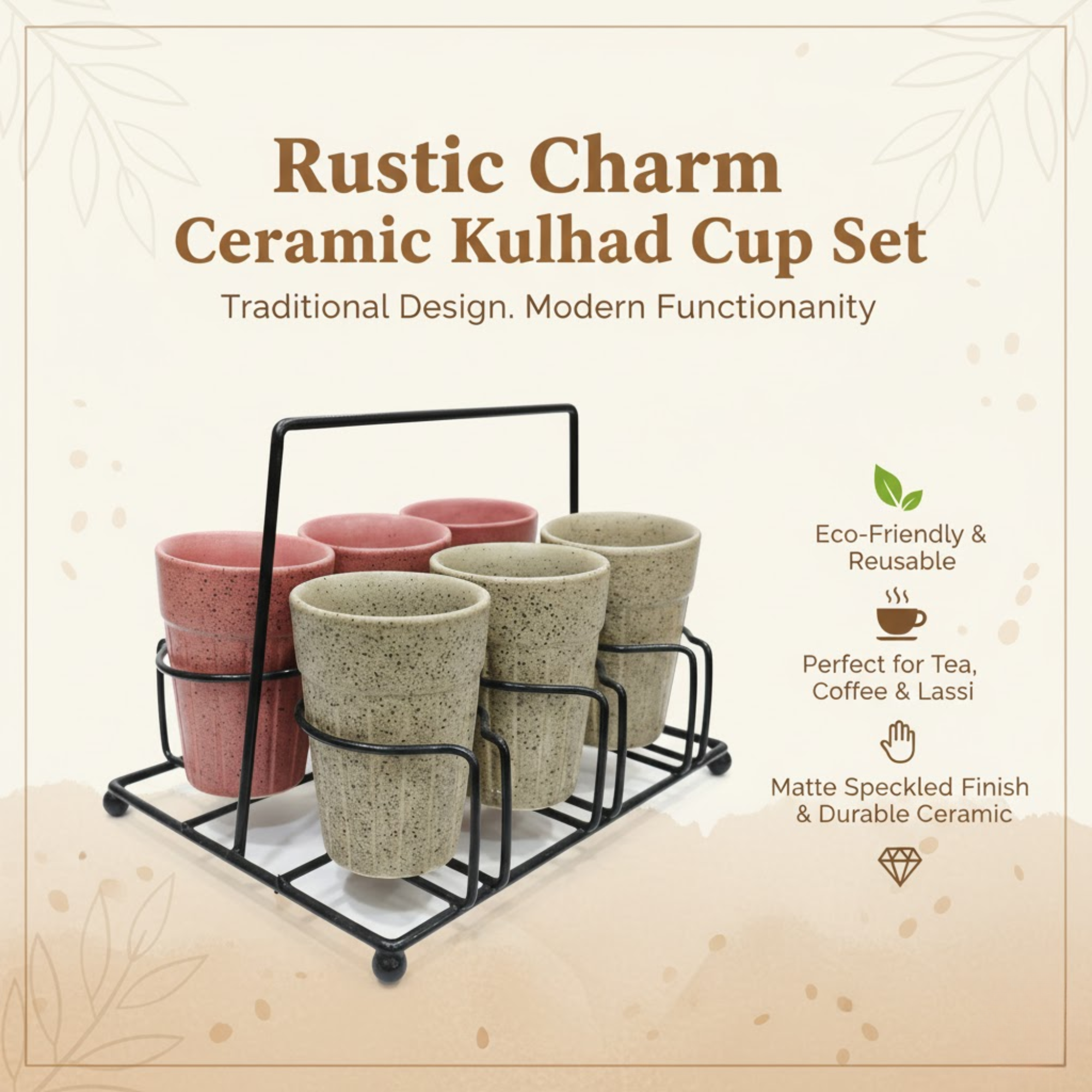 DailyAlley Ceramic Kulhad Tea Cups with Stand (Set of 6) - Speckled Chai Cups for Home & Office - Multi-Color Kulhar Set Dailyalley