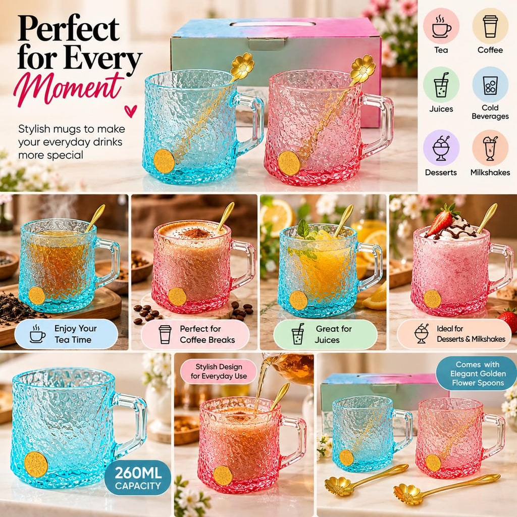 Luxe Glass Mug Set of 2 with Gold Spoons, 260 ml