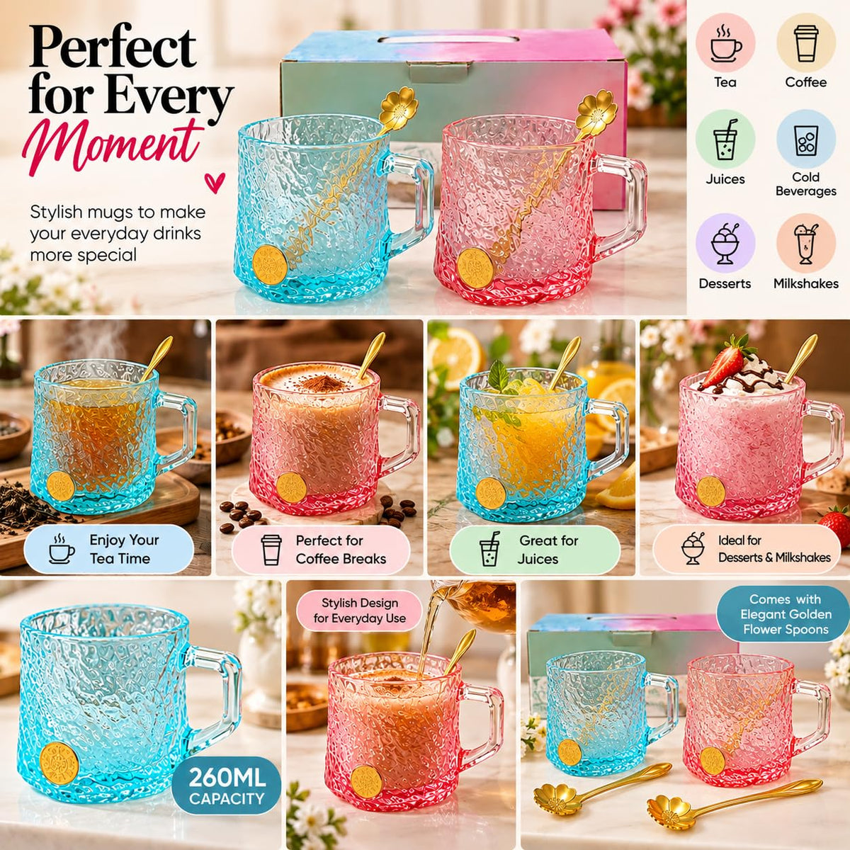 Luxe Glass Mug Set of 2 with Gold Spoons, 260 ml