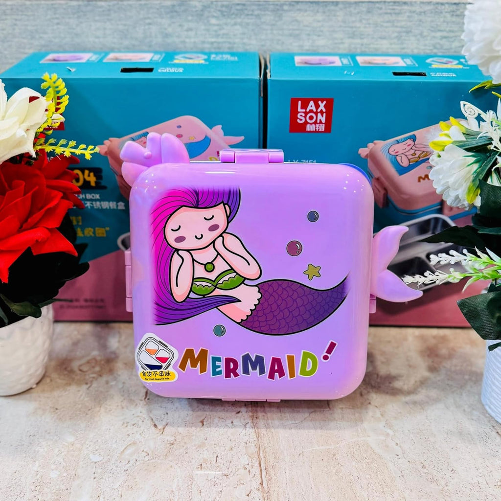 Mermaid Lunch Box for Kids Girls | Cute Tiffin Box for School Girls | 3 Compartment Stainless Steel Box with Leakproof Lid, Sauce Container & Spoon | Lunchbox for School & Picnic (Purple)
