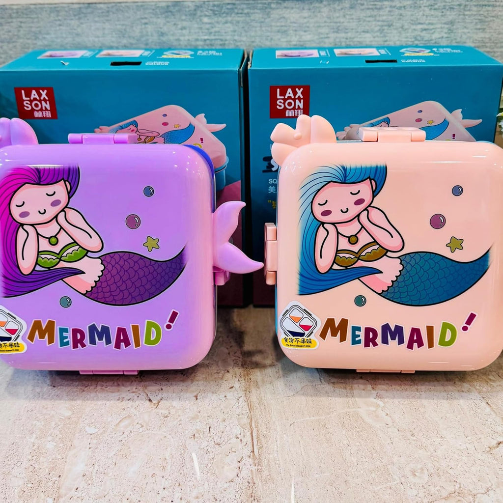 Mermaid Lunch Box for Kids Girls | Cute Tiffin Box for School Girls | 3 Compartment Stainless Steel Box with Leakproof Lid, Sauce Container & Spoon | Lunchbox for School & Picnic (Pink)