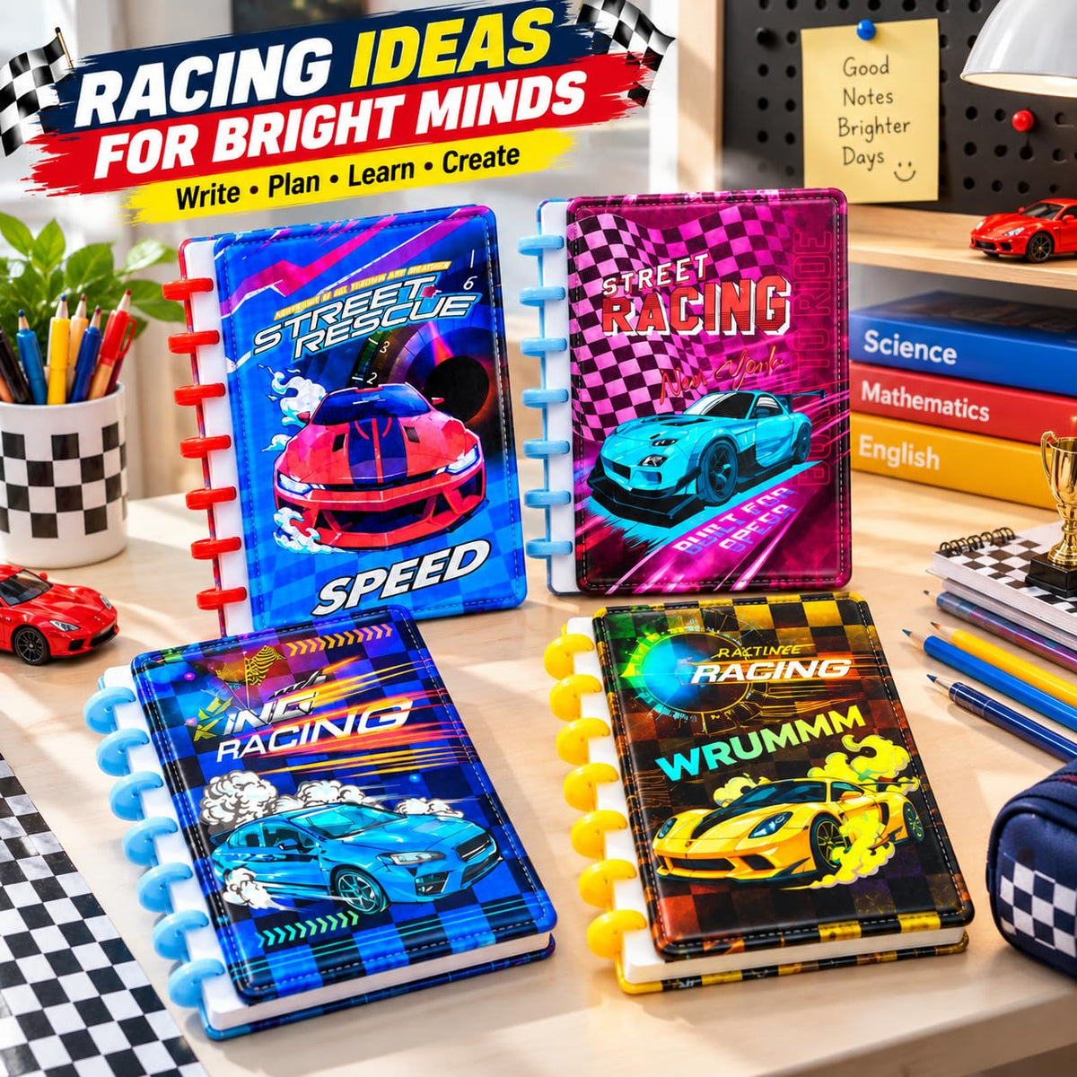 Racing Car Mini Notebook, Assorted Racing Car Notebook for Kids – Spiral Notebook with Ruled Pages, Colorful Car Designs, School Writing Notebook & Student Stationery
