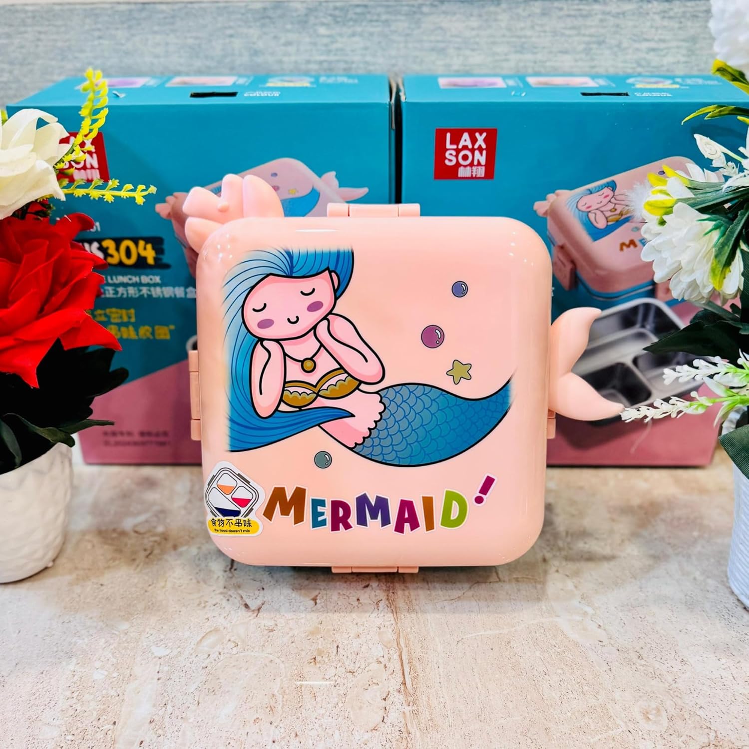 Mermaid Lunch Box for Kids Girls | Cute Tiffin Box for School Girls | 3 Compartment Stainless Steel Box with Leakproof Lid, Sauce Container & Spoon | Lunchbox for School & Picnic (Pink)