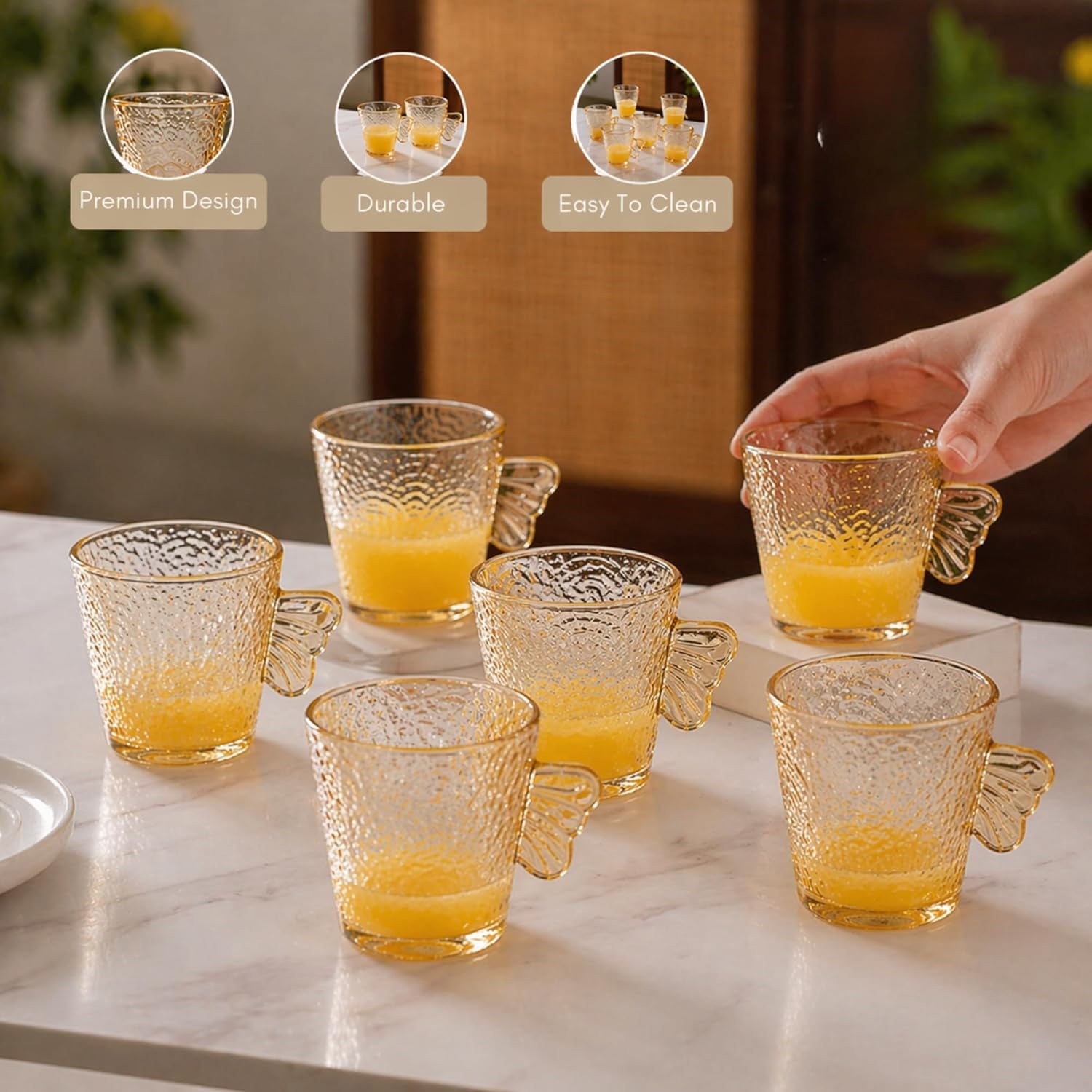 DailyAlley Butterfly Handle Glass Mugs (Set of 6) | Elegant Amber Textured Cups for Coffee & Tea | Whimsical Wing Handle Mugs (120ml)