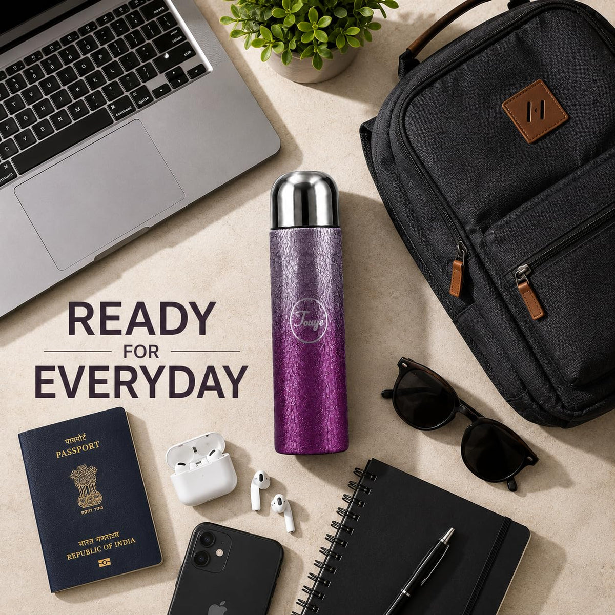 Stainless Steel Water Bottle Crystal Thermos Flask Titanium Coating, Purple, 450 ml Textured Exterior, Metallic Protective Cap, Integrated Drinking Lid