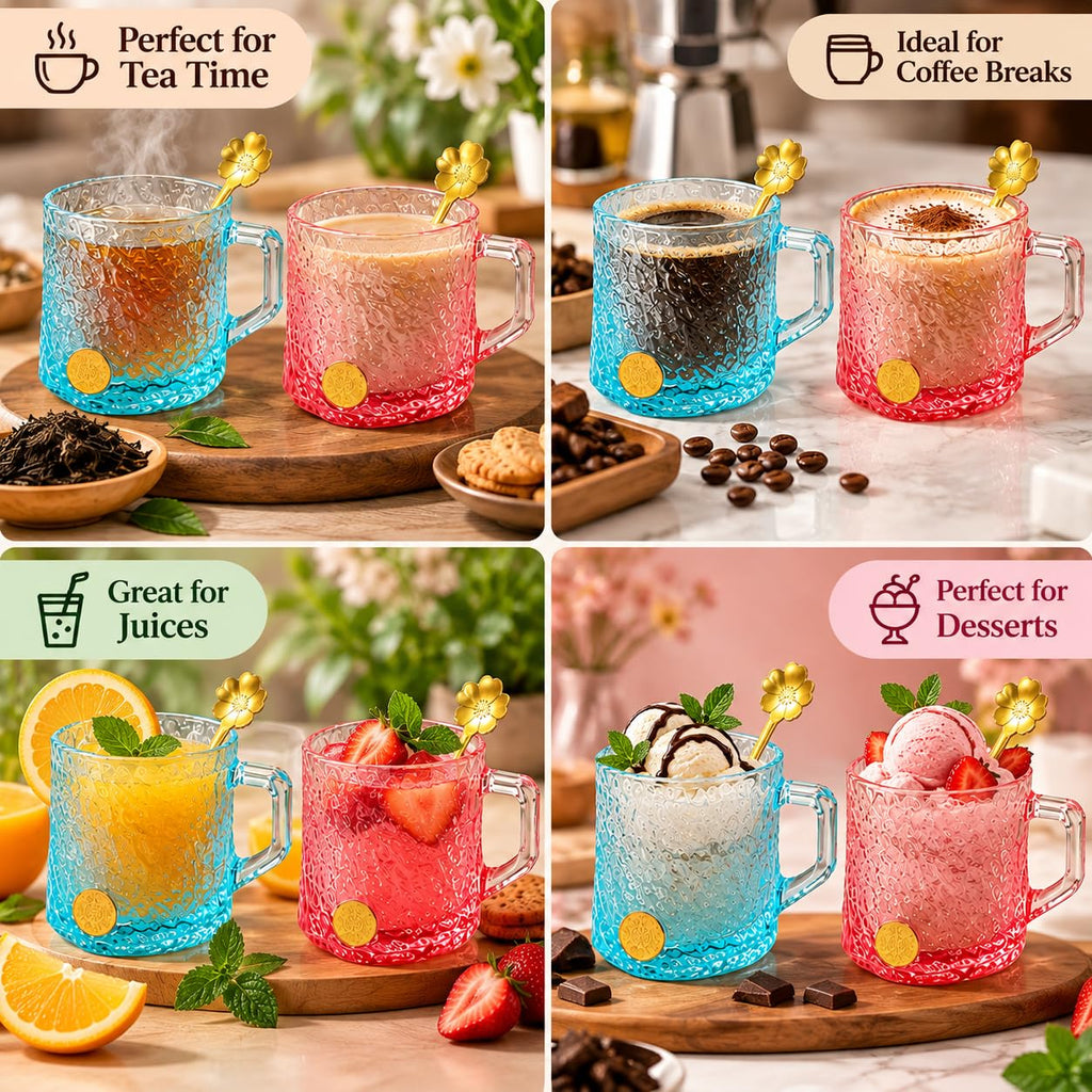 Luxe Glass Mug Set of 2 with Gold Spoons, 260 ml