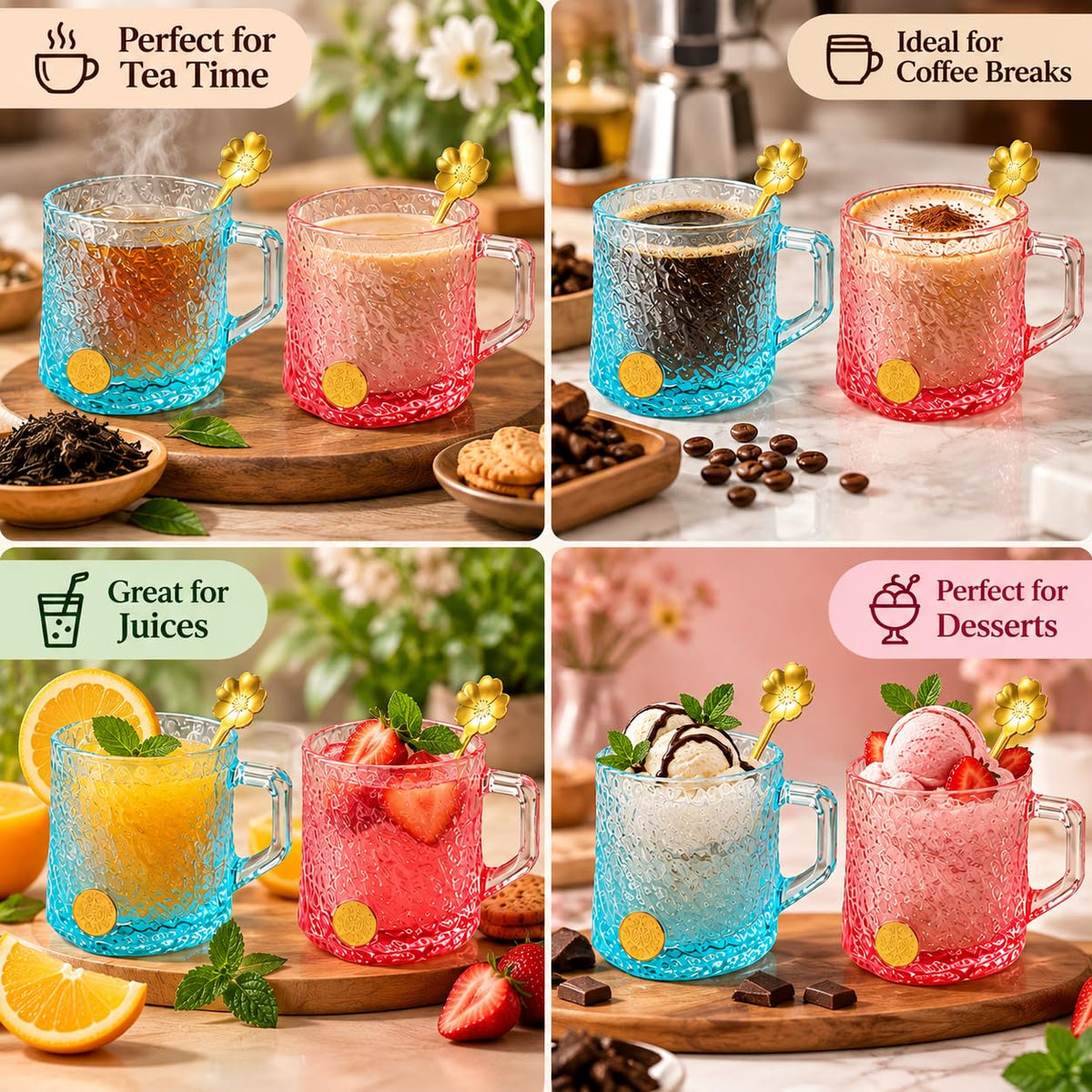 Luxe Glass Mug Set of 2 with Gold Spoons, 260 ml