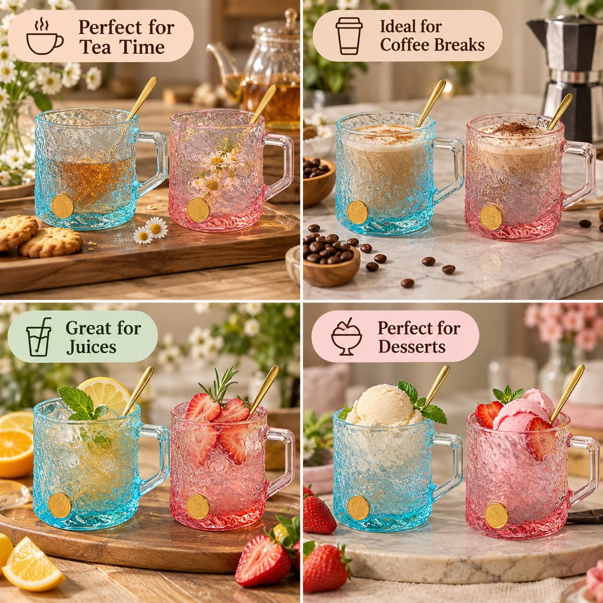 Luxe Glass Mug Set of 2 with Gold Spoons, 260 ml