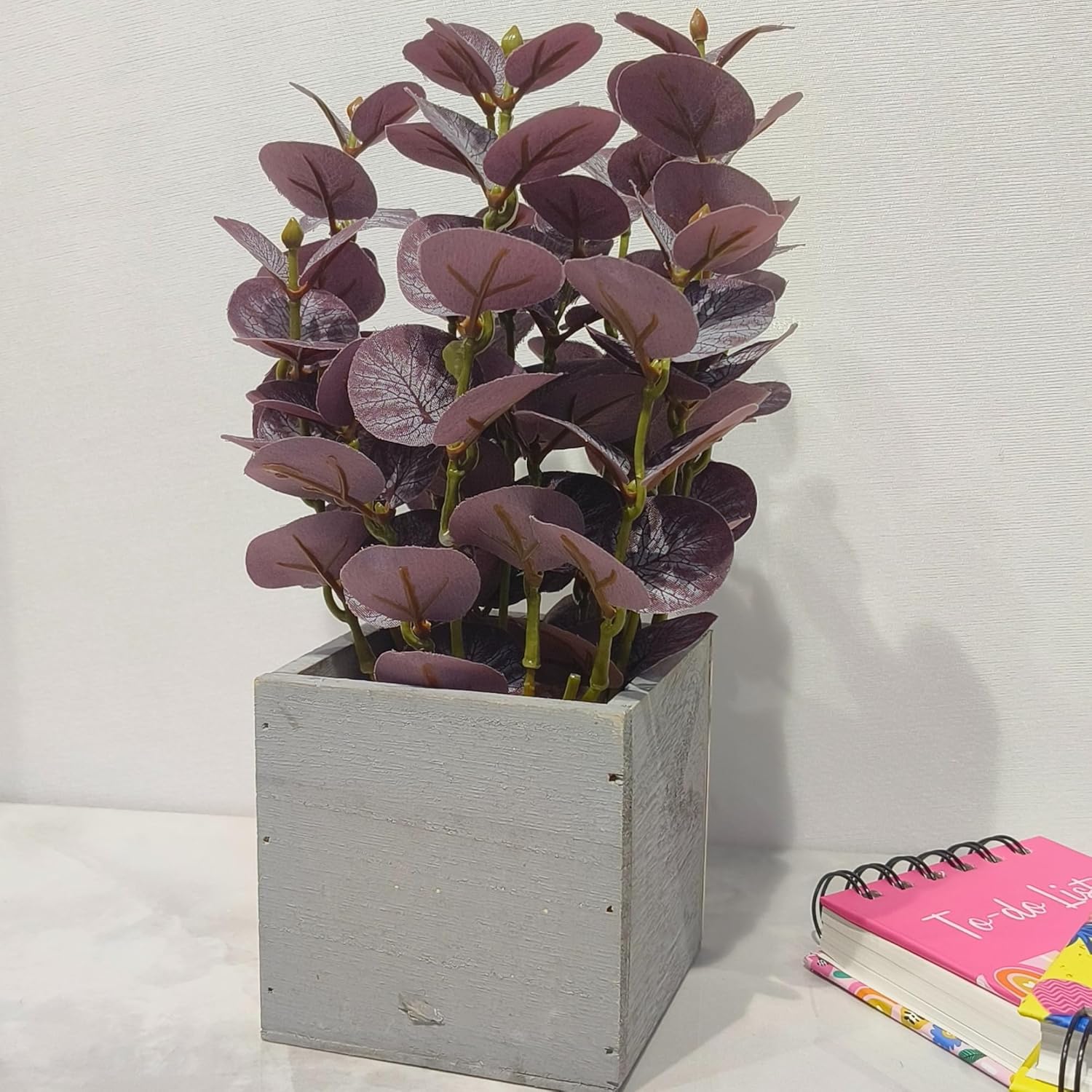 DailyAlley Purple Artificial Money Plant in Wooden Pot – Realistic Faux Tabletop Décor for Home, Office, Bedroom & Living Room Dailyalley