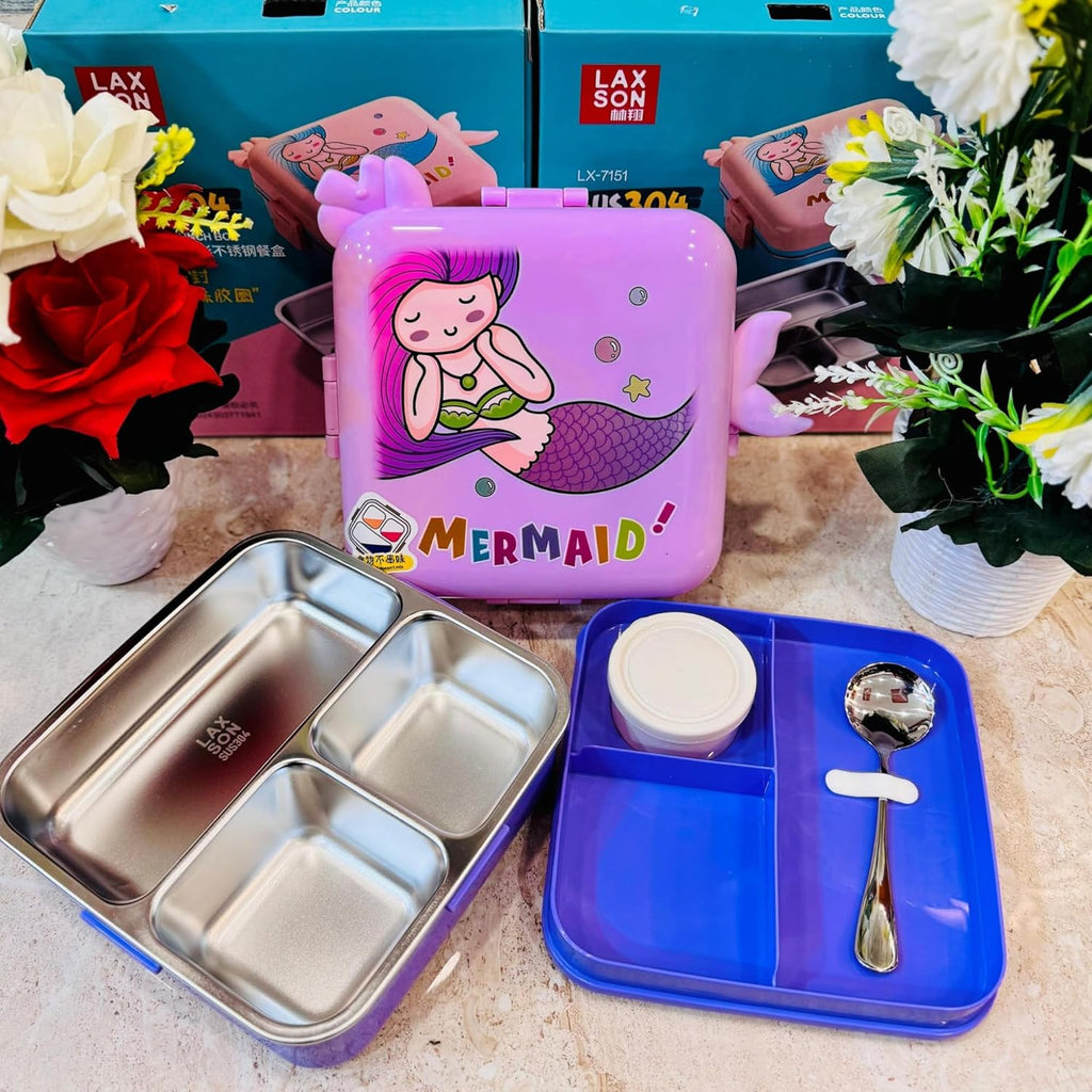Mermaid Lunch Box for Kids Girls | Cute Tiffin Box for School Girls | 3 Compartment Stainless Steel Box with Leakproof Lid, Sauce Container & Spoon | Lunchbox for School & Picnic (Purple)