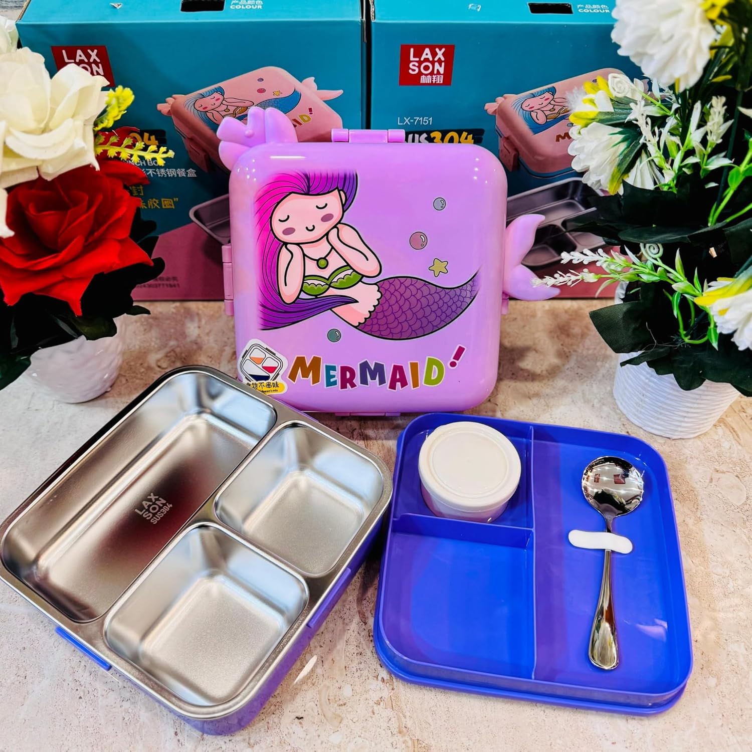 Mermaid Lunch Box for Kids Girls | Cute Tiffin Box for School Girls | 3 Compartment Stainless Steel Box with Leakproof Lid, Sauce Container & Spoon | Lunchbox for School & Picnic (Purple)