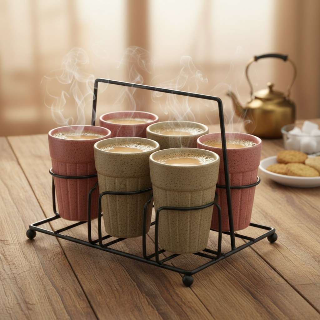 DailyAlley Ceramic Kulhad Tea Cups with Stand (Set of 6) - Speckled Chai Cups for Home & Office - Multi-Color Kulhar Set Dailyalley