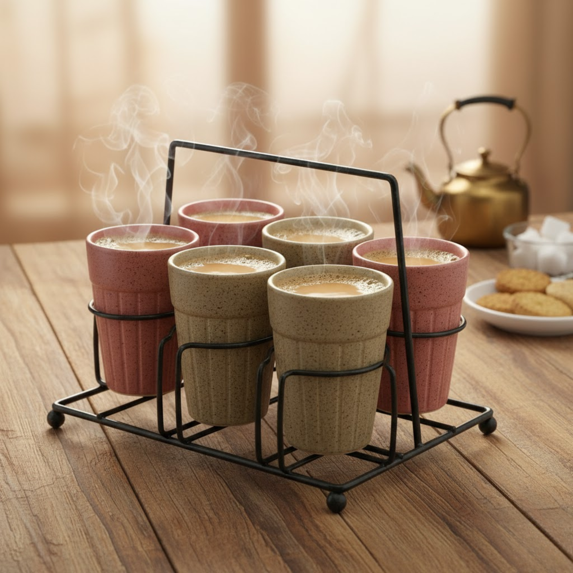 DailyAlley Ceramic Kulhad Tea Cups with Stand (Set of 6) - Speckled Chai Cups for Home & Office - Multi-Color Kulhar Set Dailyalley