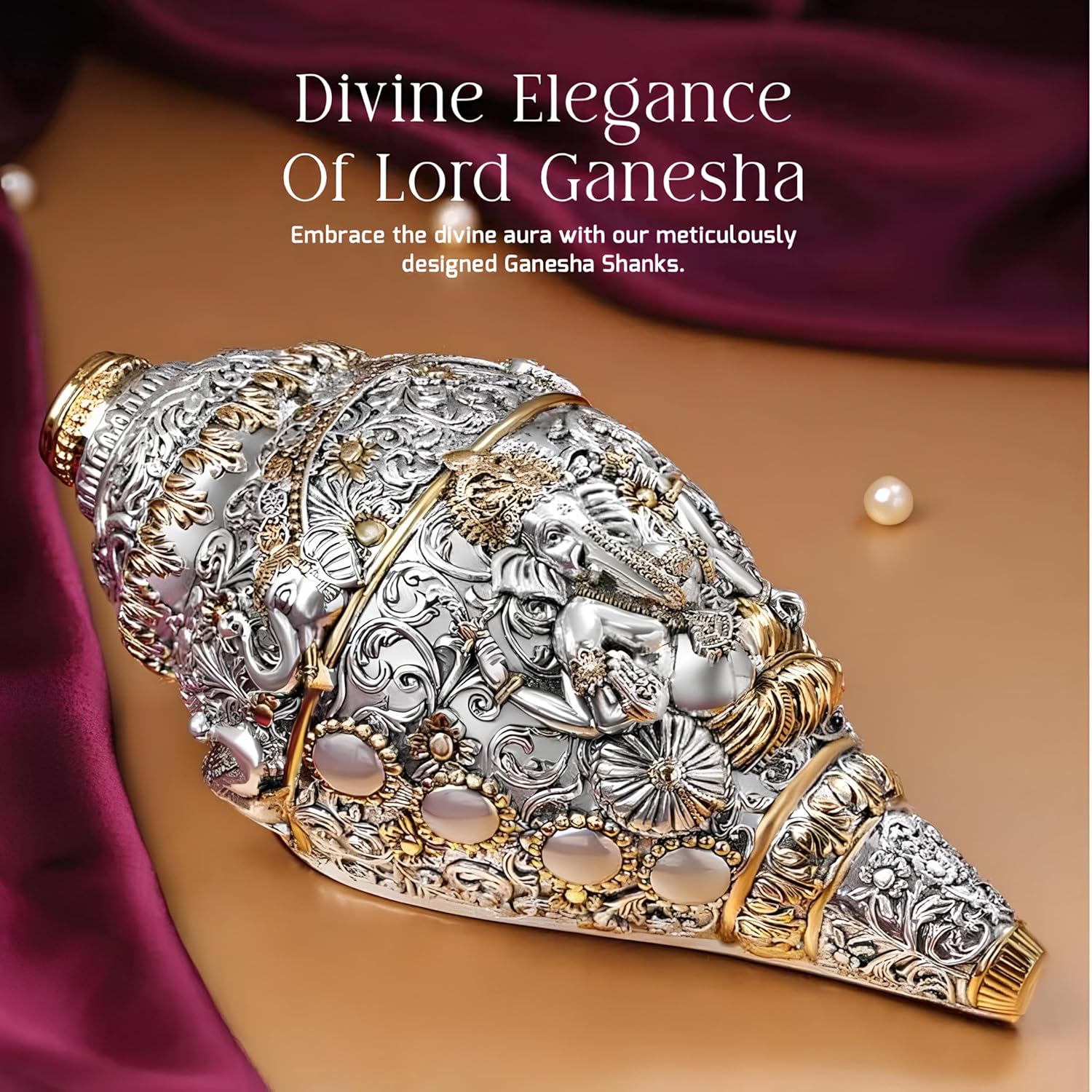 Daily Alley Ganesha Shankh – 5 Inch German Silver with Gold Plating | Auspicious Conch for Pooja, Home Temple, Spiritual Decor & Divine Gifting Dailyalley