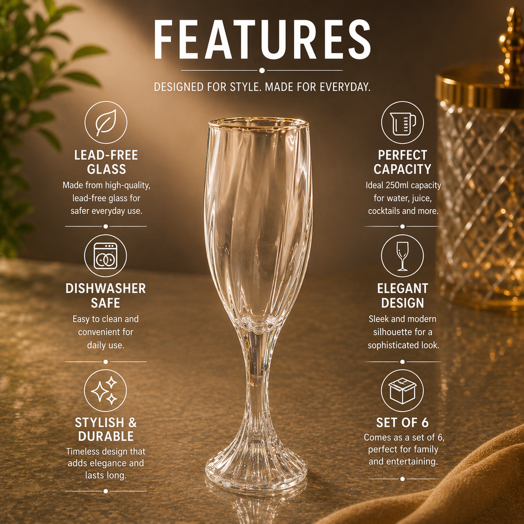 Premium Crystal Champagne Glass Set of 6 (200ml)