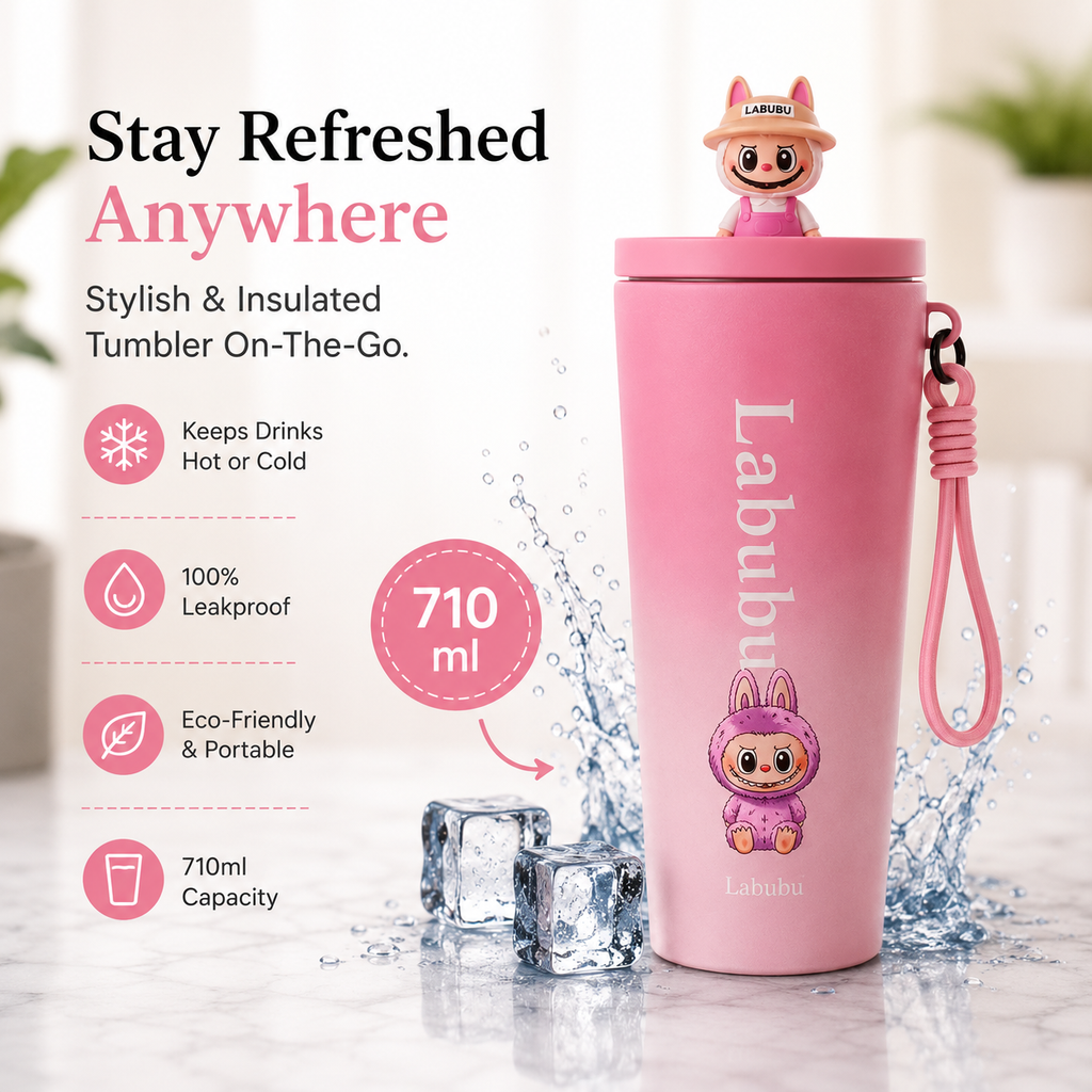 Stainless Steel Water Bottle (710ml) – Luxury & Stylish Tumbler, Leakproof, Portable & Reusable Sipper Bottle for School, College, Office, Gym & Travel (Pink Doll)
