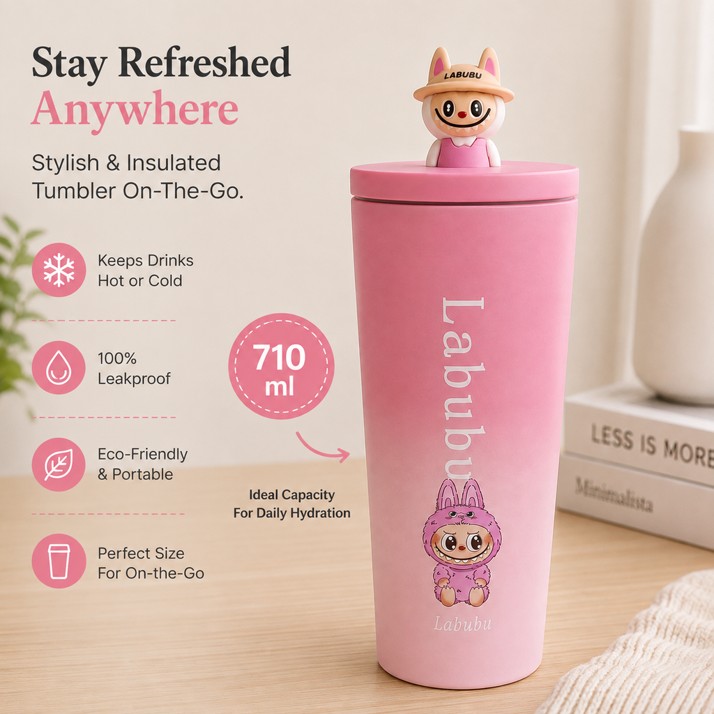 Stainless Steel Water Bottle (710ml) – Luxury & Stylish Tumbler, Leakproof, Portable & Reusable Sipper Bottle for School, College, Office, Gym & Travel (Pink Doll)