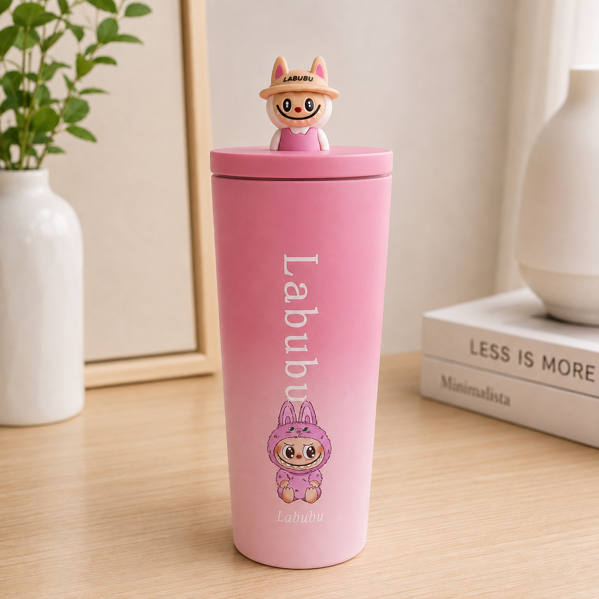A pink insulated tumbler with a lid and a small cartoon character on top, shown on a wooden tabletop with a plant and books in the background. The tumbler has the name 'Labubu' printed vertically and a matching cartoon character near the bottom.