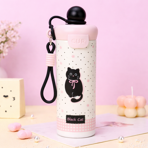 Pink water bottle with black cat design on a pink background