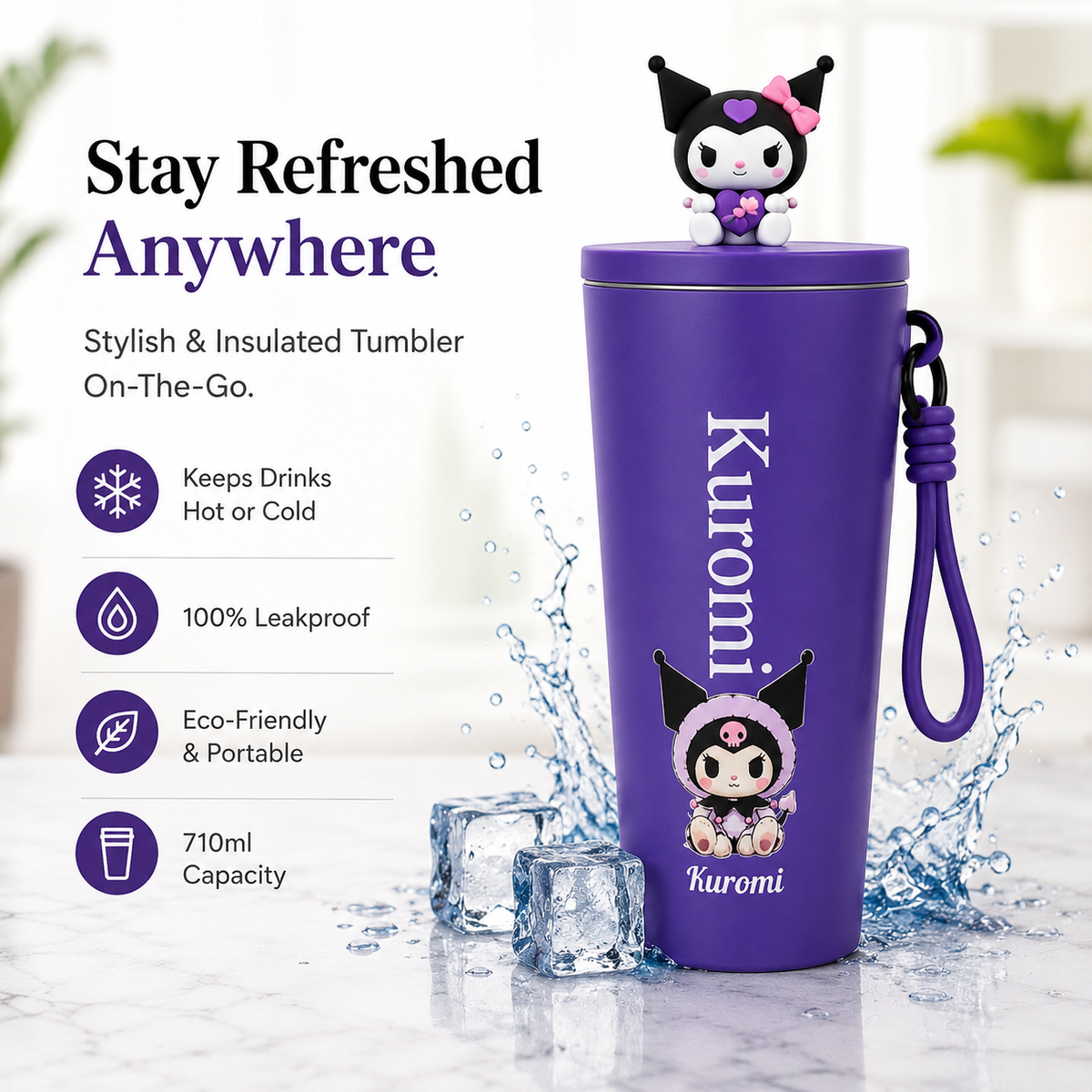 Stainless Steel Water Bottle (710ml) – Luxury & Stylish Tumbler, Leakproof, Portable & Reusable Sipper Bottle for School, College, Office, Gym & Travel (Purple)