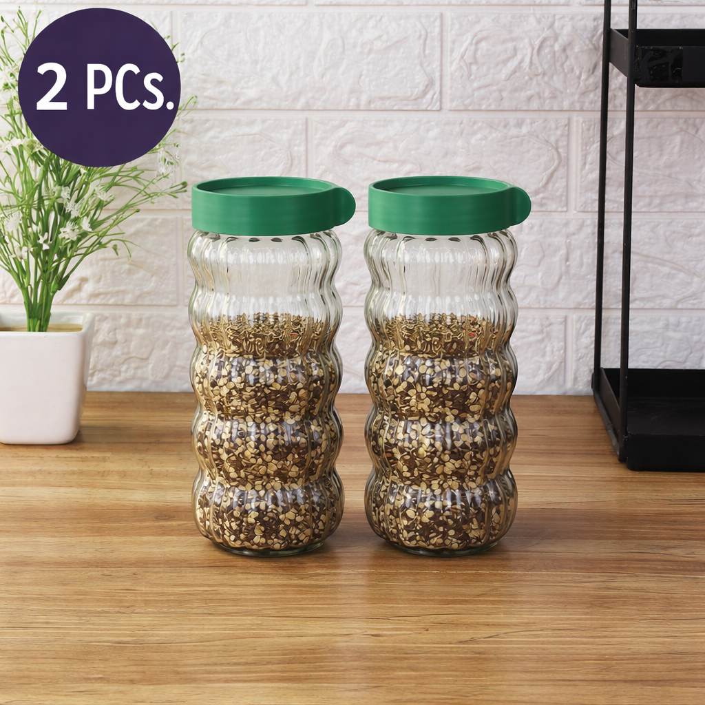 Airtight Glass Storage Jar Set with Green Lids (Set of 9) | Ribbed Kitchen Containers for Spices, Dry Fruits, Grains & Oil