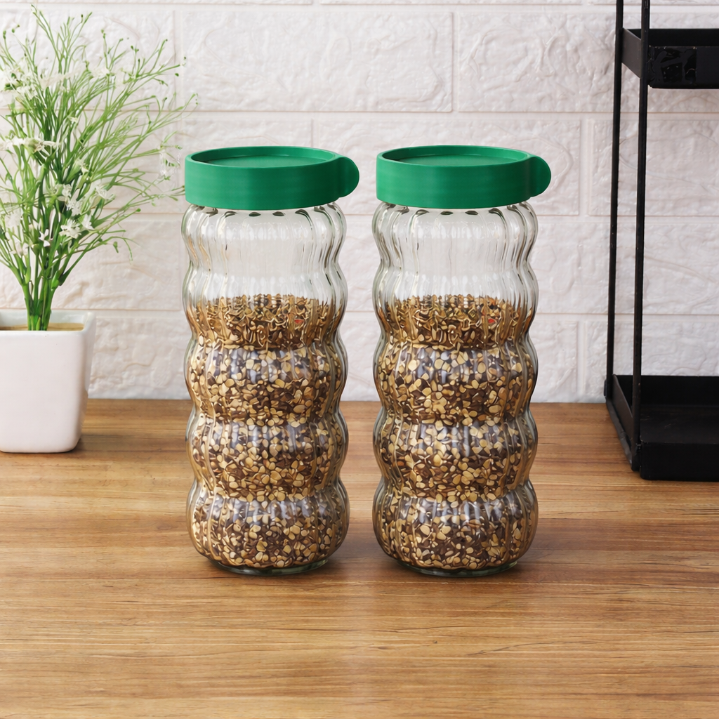 Airtight Glass Storage Jar Set with Green Lids (Set of 9) | Ribbed Kitchen Containers for Spices, Dry Fruits, Grains & Oil