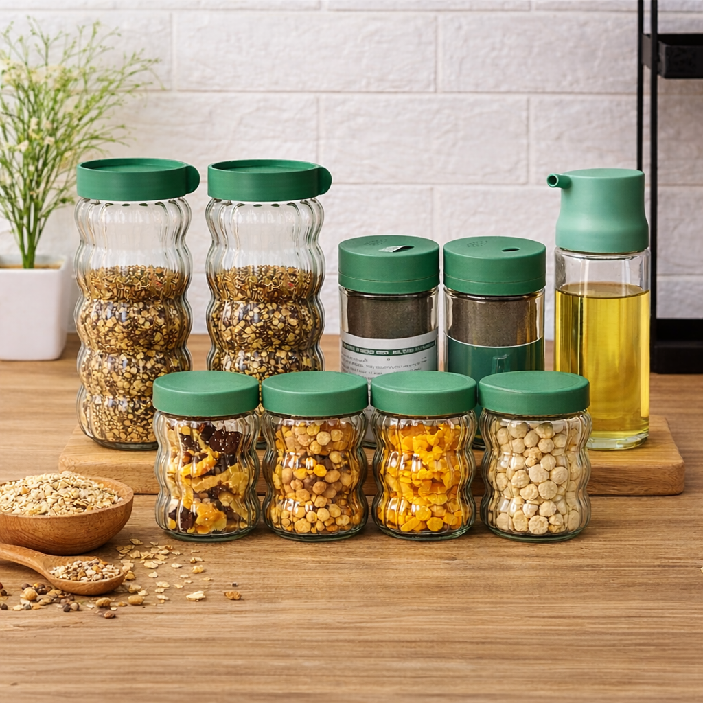 Airtight Glass Storage Jar Set with Green Lids (Set of 9) | Ribbed Kitchen Containers for Spices, Dry Fruits, Grains & Oil
