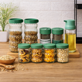Airtight Glass Storage Jar Set with Green Lids (Set of 9) | Ribbed Kitchen Containers for Spices, Dry Fruits, Grains & Oil