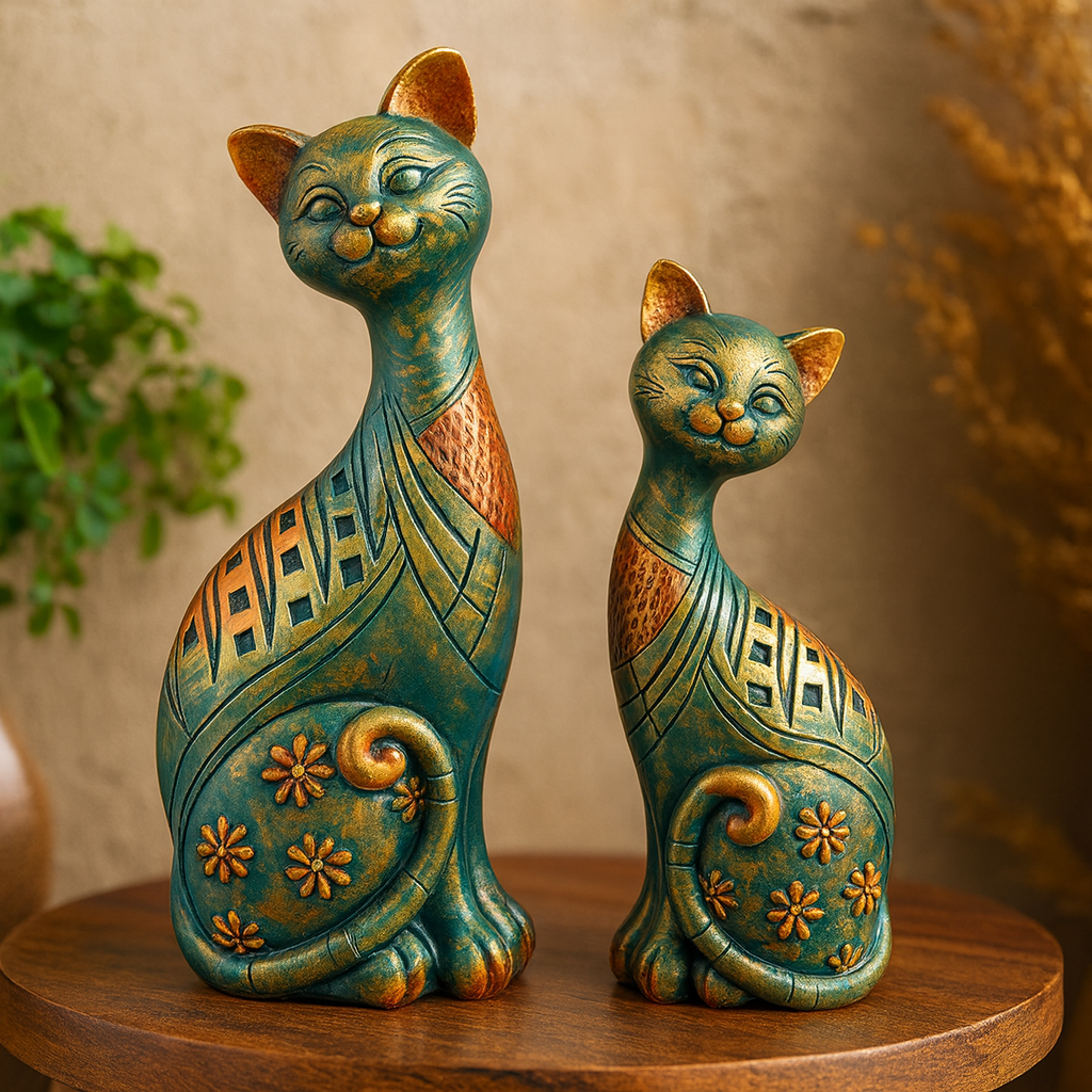 DailyAlley Decorative Cat Figurine Set | Handcrafted Resin Cat Statues with Teal Green & Antique Gold Finish, Floral Pattern Home Decor Sculptures – Set of 2 Dailyalley