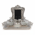 Elegant Silver Swan Vanity Set with Ornate Mirror & Lidded Glass Jars - Perfect for Jewelry or Decorative Display. Dailyalley