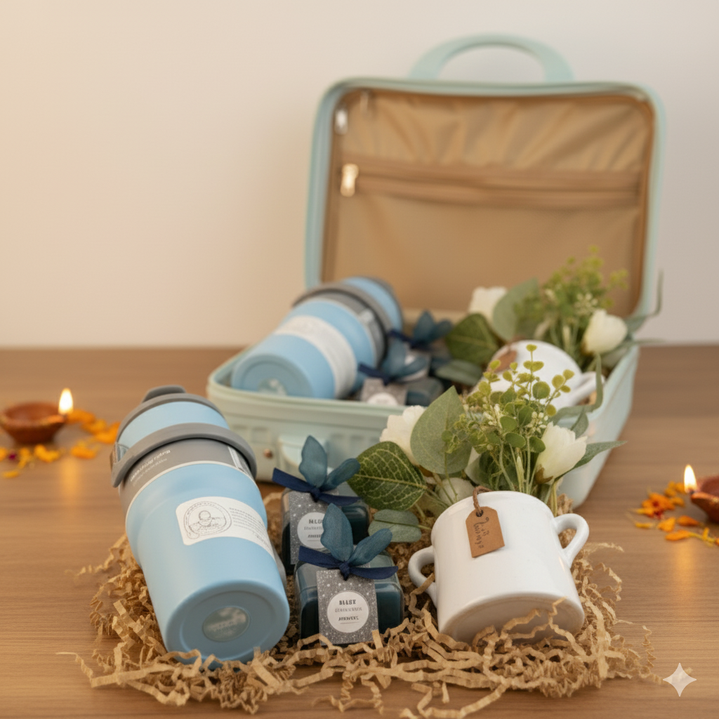 Curated Gift Hamper: A thoughtful gift set with a tumbler, ceramic mug, chocolates, and faux florals for any occasion. Dailyalley