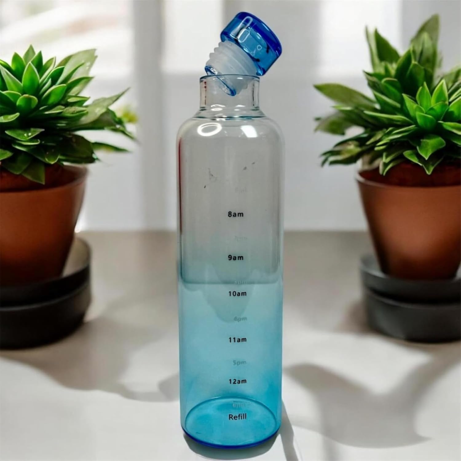 Clear water bottle with blue cap and measurement markings on a light surface with plants in the background
