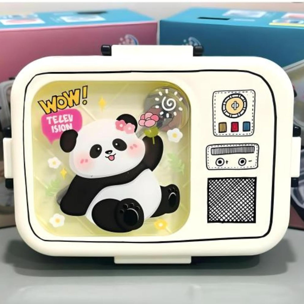 Children's lunch box with a panda design and 'WOW!' text on a white background
