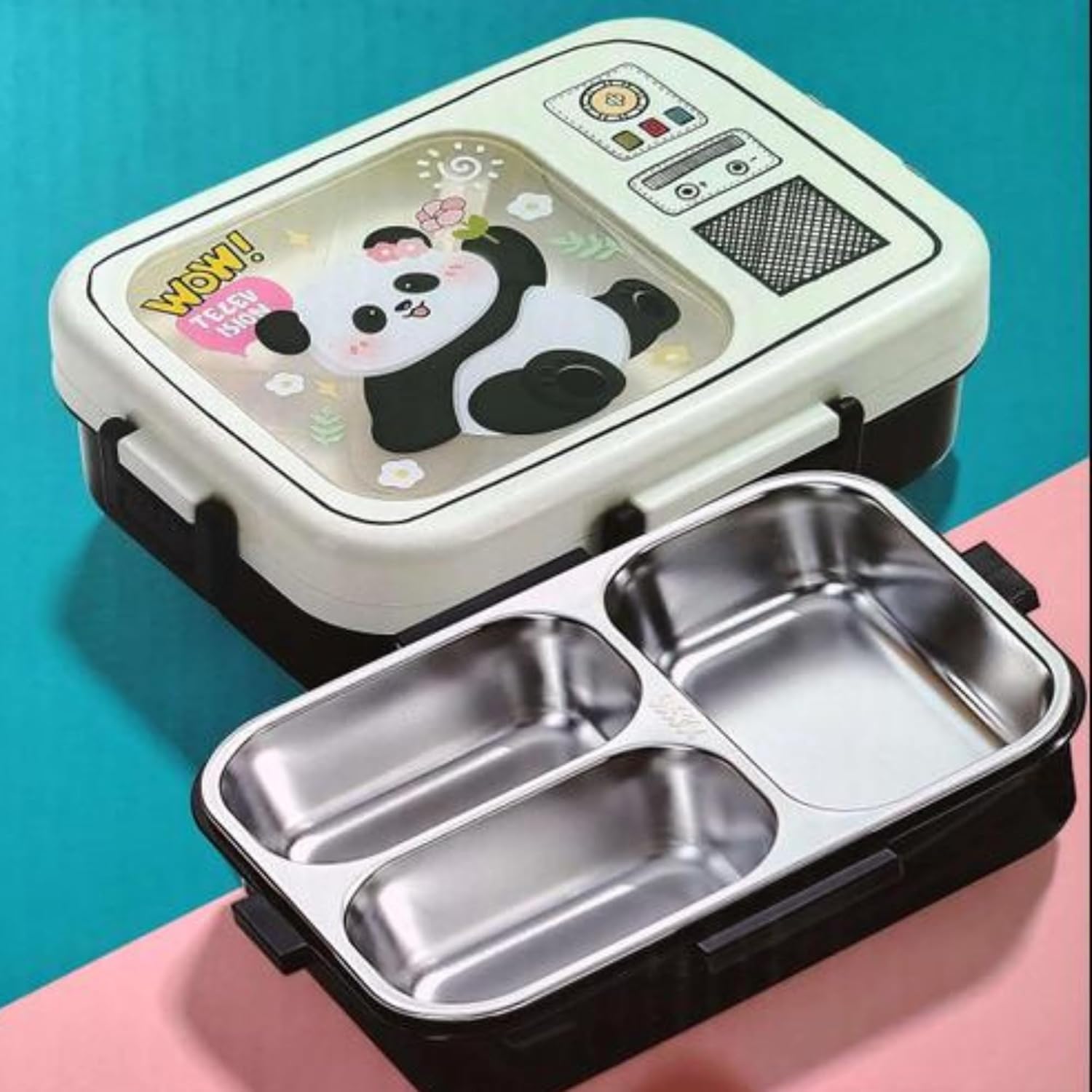 Children's lunch box with panda design on a blue and pink background
