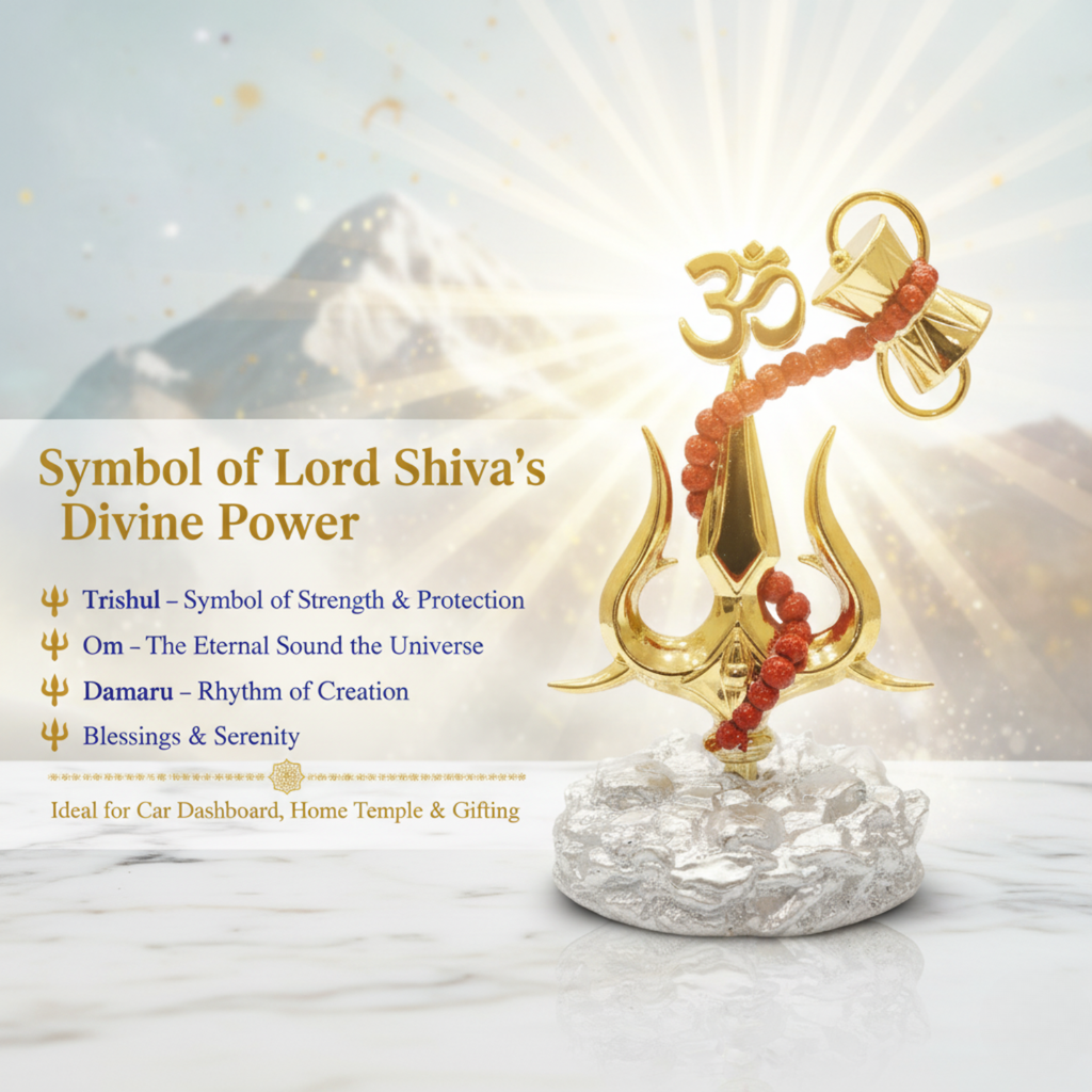 5 Inch Lord Shiva Symbol Showpiece: Trishul Damarukam Idol with Om & Rudraksha | Resin Murti for Car Dashboard, Pooja & Home Decor Dailyalley