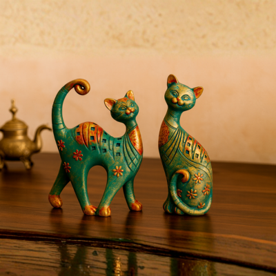 DailyAlley Decorative Cat Figurine Set | Handcrafted Resin Cat Statues with Teal Green & Antique Gold Finish, Floral Pattern Home Decor Sculptures – Set of 2 Dailyalley