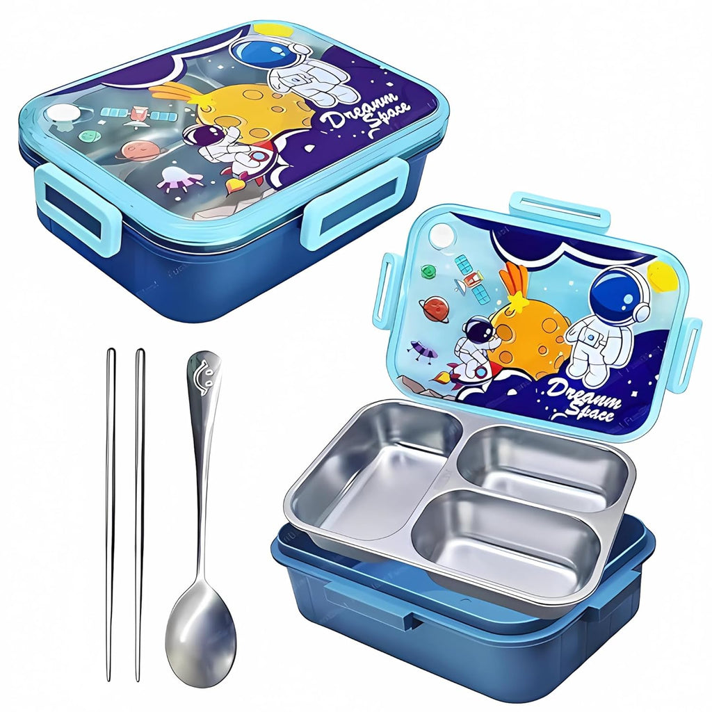 Space-themed lunch box set with compartments, spoon, and chopsticks on a white background