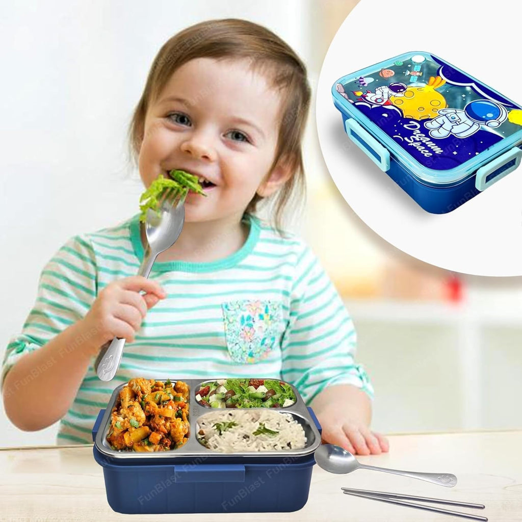 Child eating with a compartmentalized lunch box and a close-up of the lunch box.