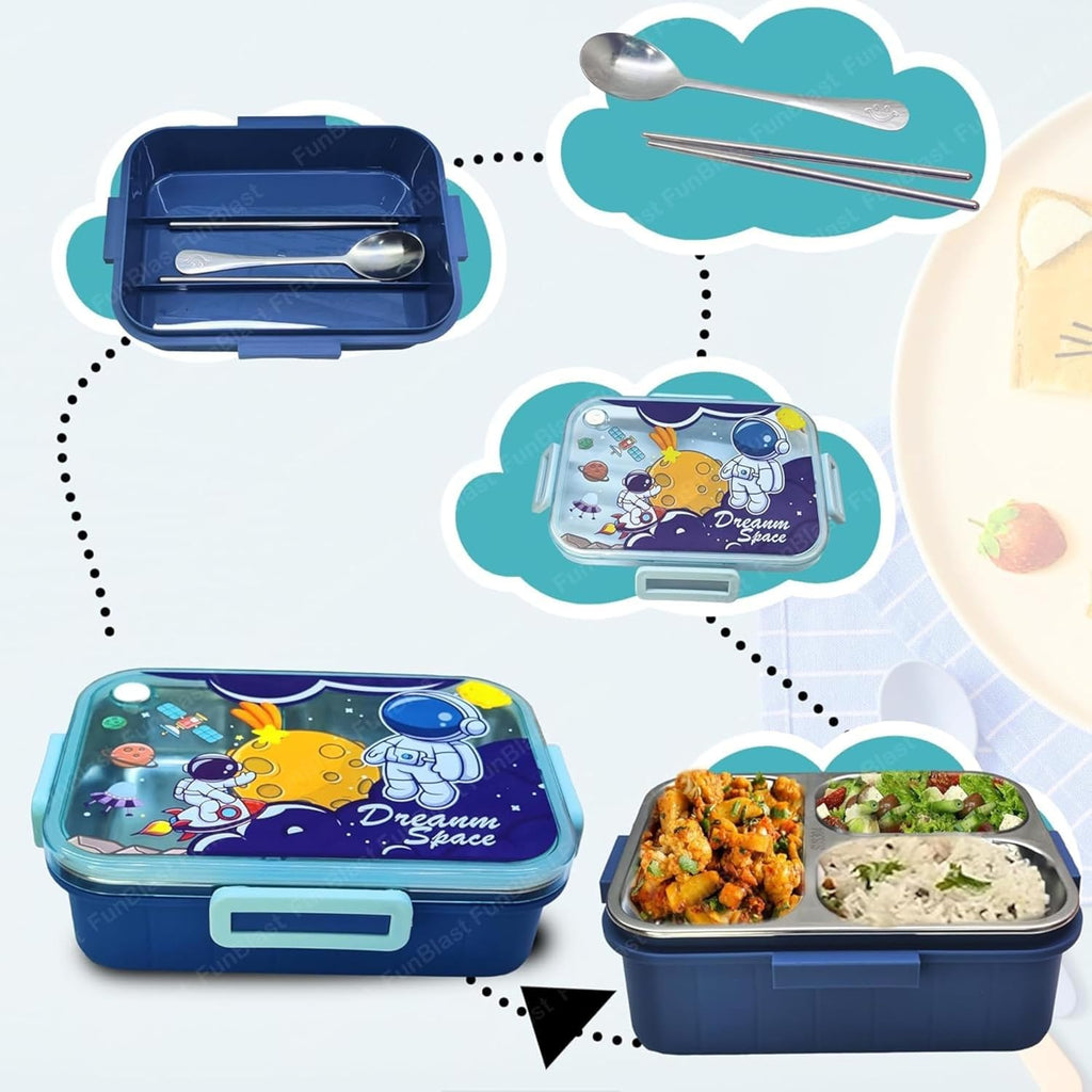 Blue bento box with compartments, utensils, and food on a light blue background