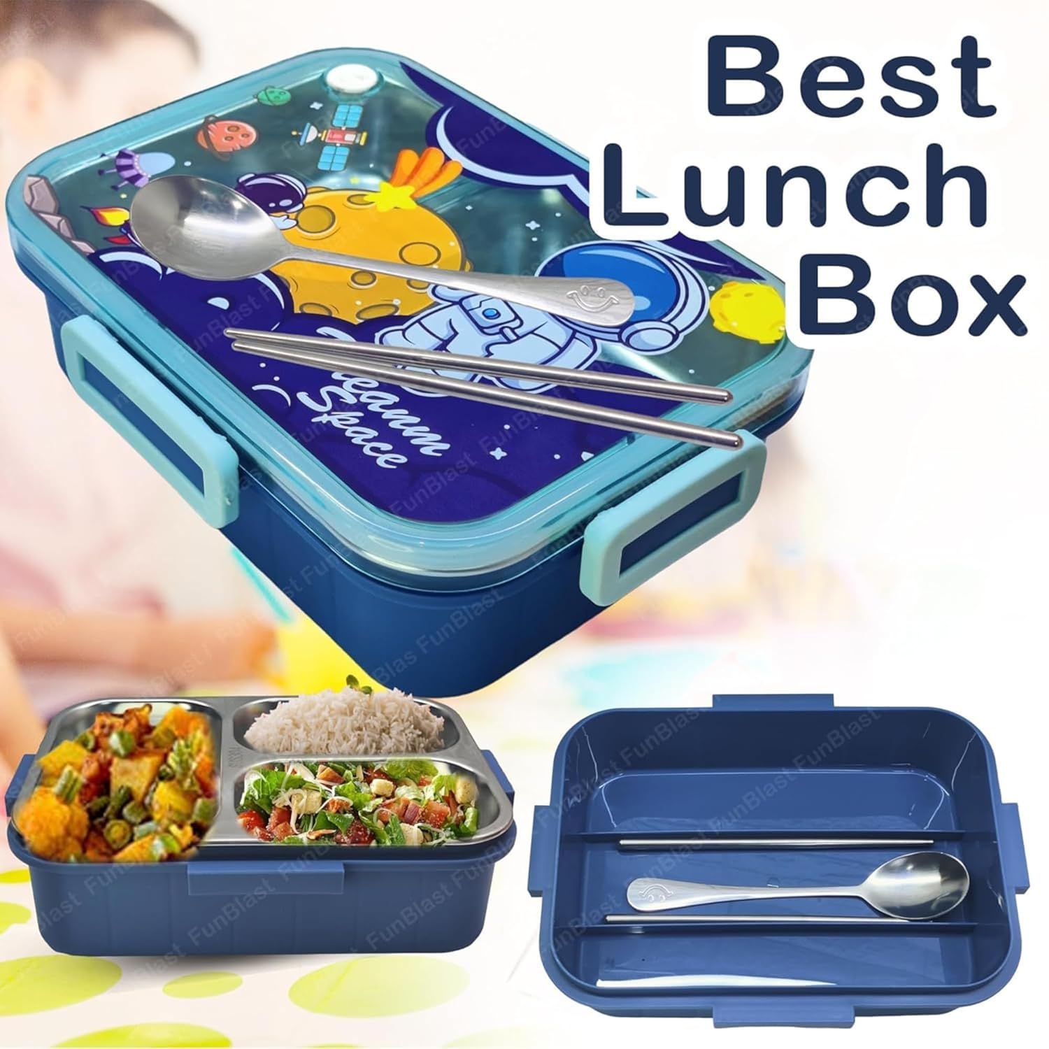 Blue lunch box with space-themed design, divided compartments, and utensils on a colorful background.