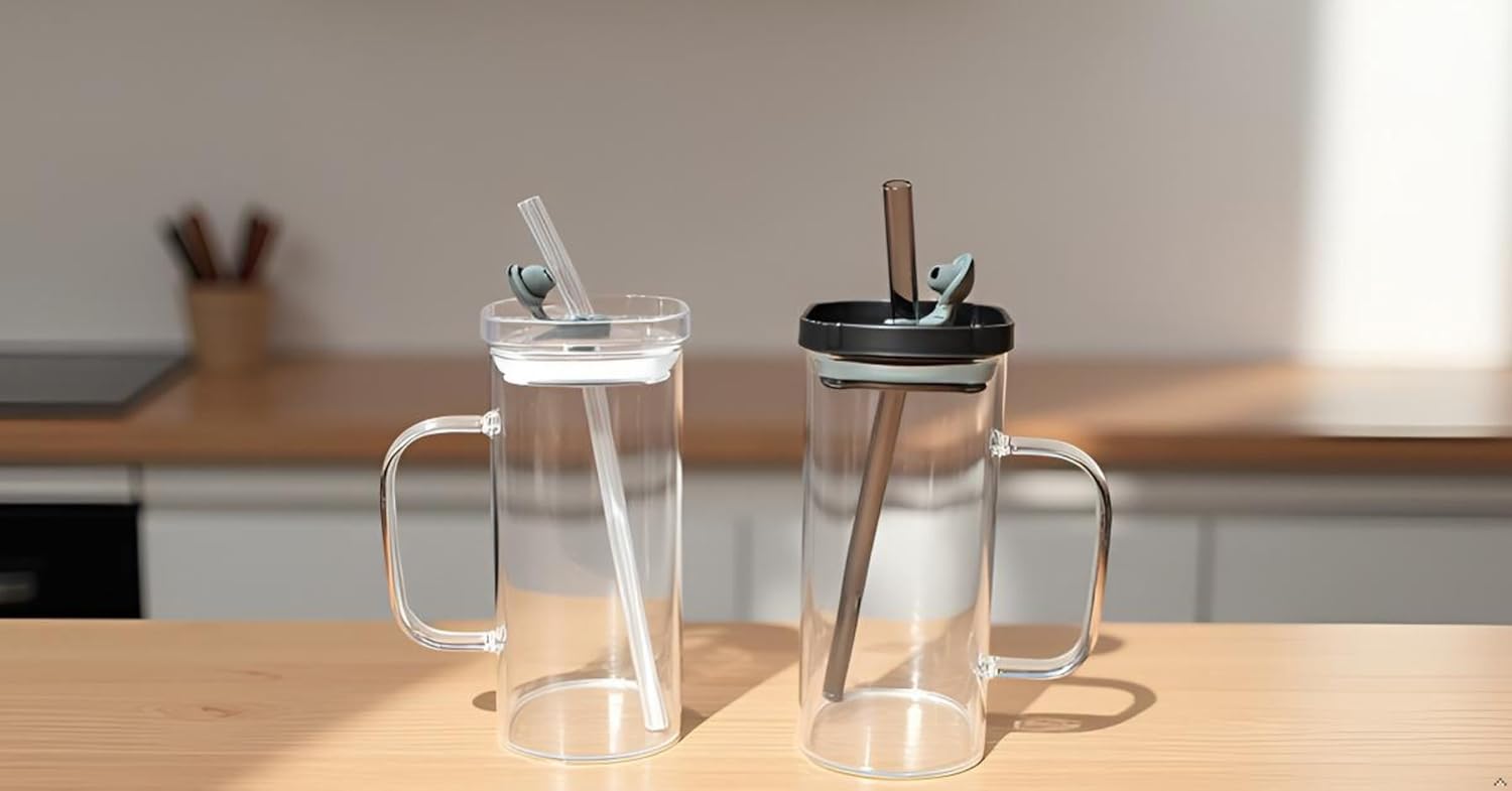 Two clear glass mugs with lids and straws on a wooden surface.